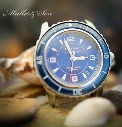 Pre-owned Müller&son Watch "modern Blue Supermod" Made From Seiko Snzh + Horween Strap