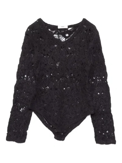 Muller Of Yoshiokubo Open-work V-neck Bodysuit In Black