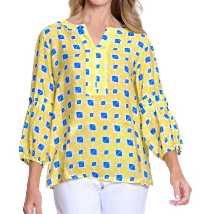 Multiples 3/4 Bell Sleeve Band Collar Crinkle Woven Top In Multi In Yellow