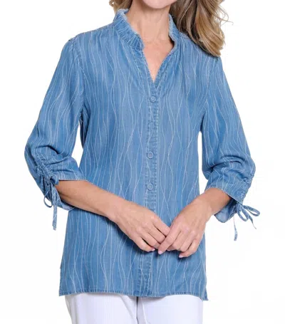 Multiples 3/4 Drawstring Sleeve Button Front Shirt In Denim Print In Multi