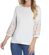 Multiples 3/4 Embroidered Slub Knit Top In Ivory In Multi