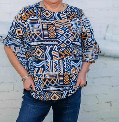 Multiples 3/4 Flounce Sleeve Scoop Neck Top In Blue