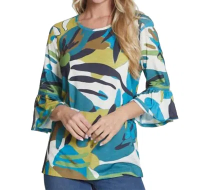 Multiples 3/4 Flounce Sleeve Top In Leaf Print In Multi