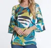 Multiples 3/4 Flounce Sleeve Top In Leaf Print In Multi