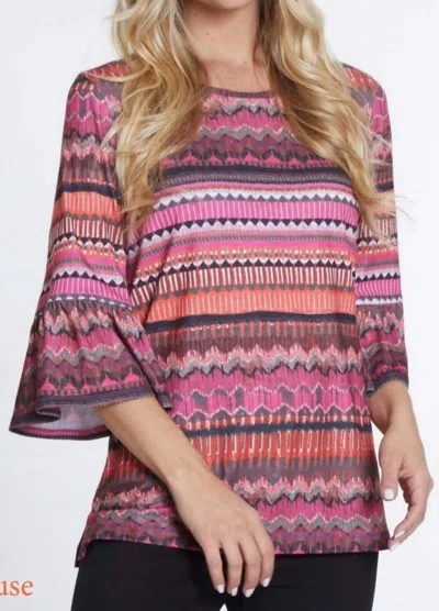 Multiples 3/4 Flounce Sleeve Wide Neck Top In Chevron Multi