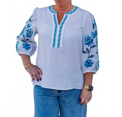 Multiples 3/4 Puff Sleeve Embroidered Top In White In Multi
