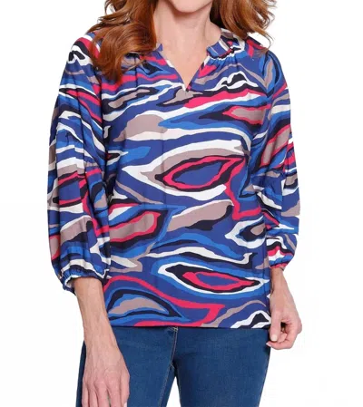 Multiples 3/4 Raglan Lantern Sleeve Band Collar Top In Multi In Blue