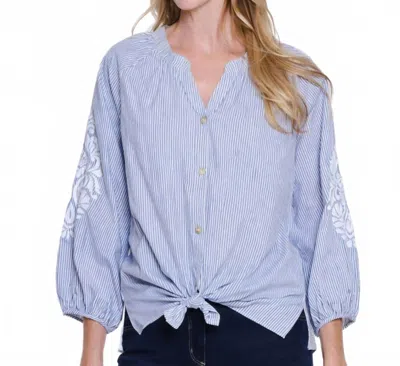 Multiples 3/4 Raglan Sleeve Band Collar Shirt In Chambray Blue