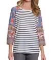 Multiples 3/4 Raglan Sleeve Scoop Neck Top In Multi In Multi