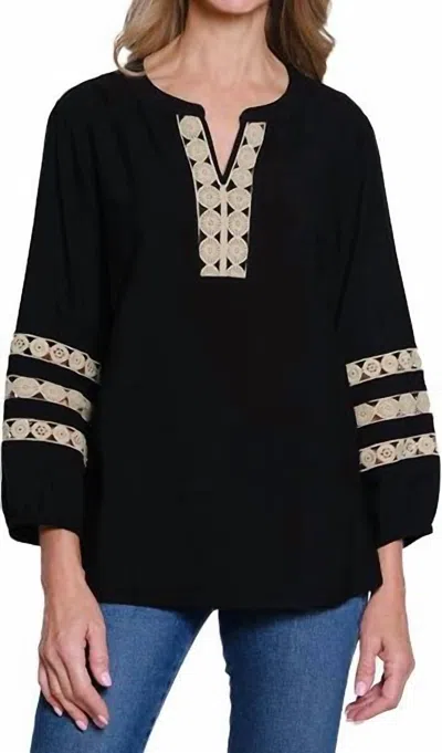 Multiples 3/4 Sleeve Band Neck Notch Neck Top In Black
