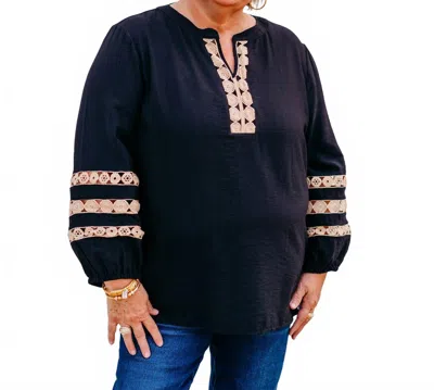 Multiples 3/4 Sleeve Band Top With Lace In Black In Blue