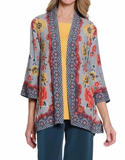 Multiples 3/4 Sleeve Banded Open Front Jacket In Multi In Gray