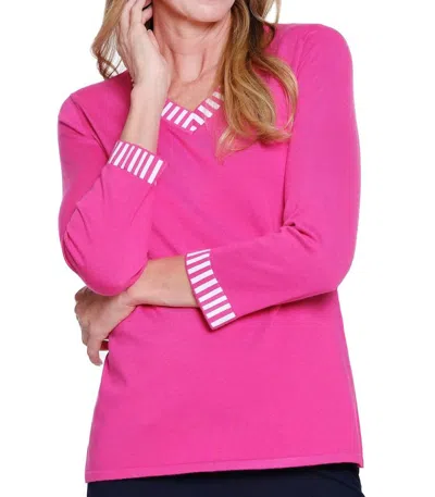 Multiples 3/4 Sleeve Banded V-neck Sweater Top In Pink