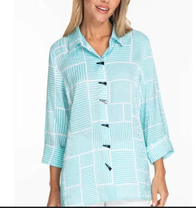 Multiples 3/4 Sleeve Blouse And Decorative Buttons In Aqua/grey/white In Multi