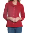 Multiples 3/4 Sleeve Cowl Collar Solid Novelty Knit Top With Faux Button In Vivid Red In Multi