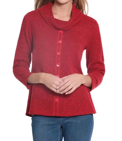 Multiples 3/4 Sleeve Cowl Collar Solid Novelty Knit Top With Faux Button In Vivid Red In Multi
