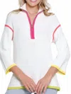 Multiples 3/4 Sleeve Drop Shoulder Collared Sweater Top In White In White