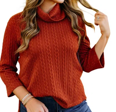 Multiples 3/4 Sleeve Drop Shoulder Cowl Collar Neck Hi-lo Solid Cable Knit Top In Cinnamon In Brown