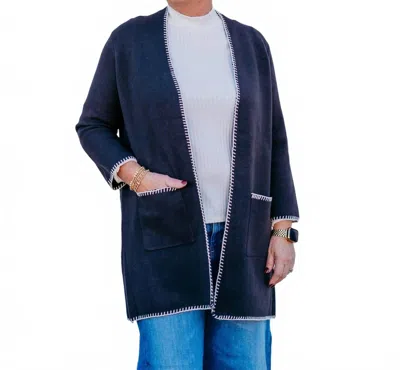 Multiples 3/4 Sleeve Drop Shoulder Long Knit Cardigan In Heather Grey In Blue