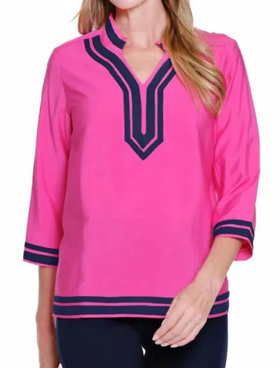 Multiples 3/4 Sleeve Notch Color With Trim Top In Bright Pink