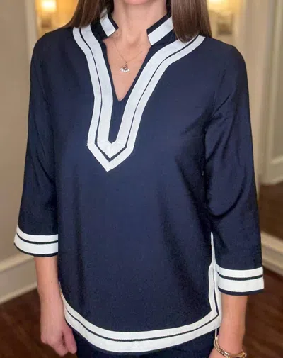 Multiples 3/4 Sleeve Notch Color With Trim Top In Navy In Blue