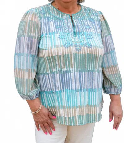 Multiples 3/4 Sleeve Notch Neck Embroidered Top In Blue