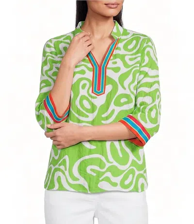 Multiples 3/4 Sleeve Notch Neck Top In Multi In Green
