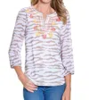 Multiples 3/4 Sleeve Notch Print Top In Multi In White