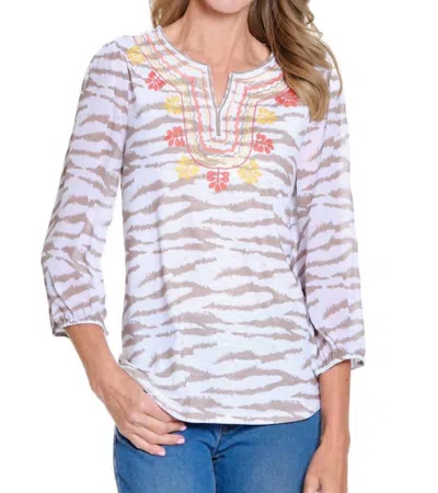 Multiples 3/4 Sleeve Notch Print Top In Multi In White