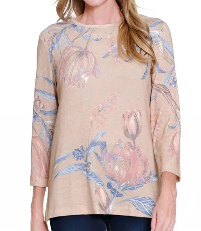 Multiples 3/4 Sleeve Scoop Neck Embellished Top In Floral In Neutral
