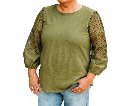 Multiples 3/4 Sleeve Scoop Neck Top With Embroidery In Green