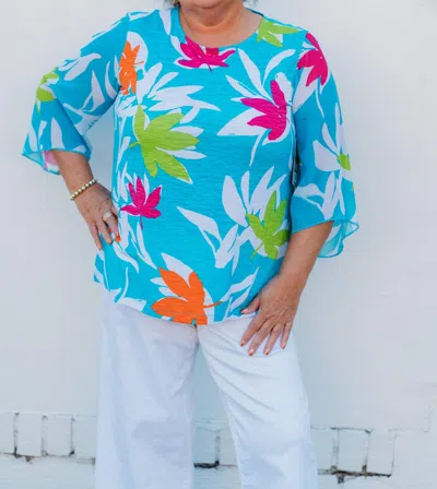 Multiples 3/4 Sleeve Scoop Print Pebble Top In Multi
