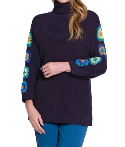 Multiples Mock Neck Crochet Sleeve Sweater In Midnight In Black