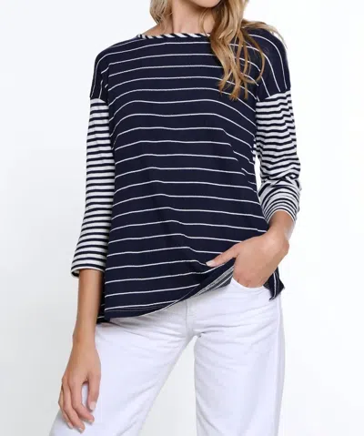 Multiples 3/4 Sleeve Striped Laced Back Top In Navy