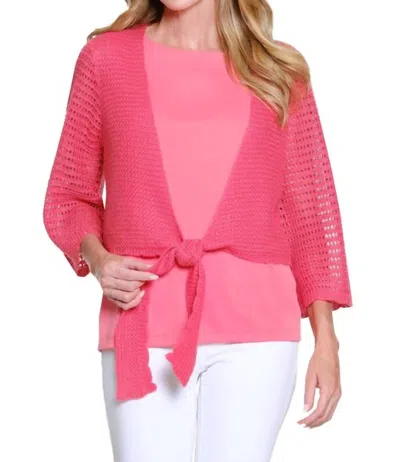 Multiples 3/4 Sleeve Tie Front Waist Sweater Cardigan In Coral Pink In Multi