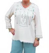 Multiples 3/4 Sleeve Top With Embroidery In White In White