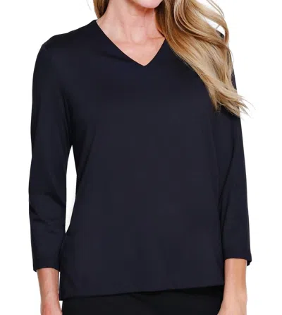Multiples 3/4 Sleeve V Neck Top In Black In Blue