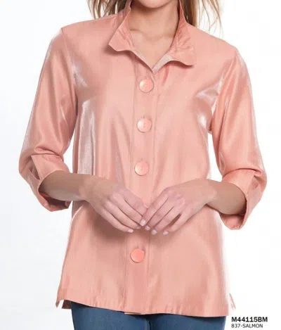 Multiples 3/4 Sleeve Wire Collar Button Front Shirt In Salmon In Multi