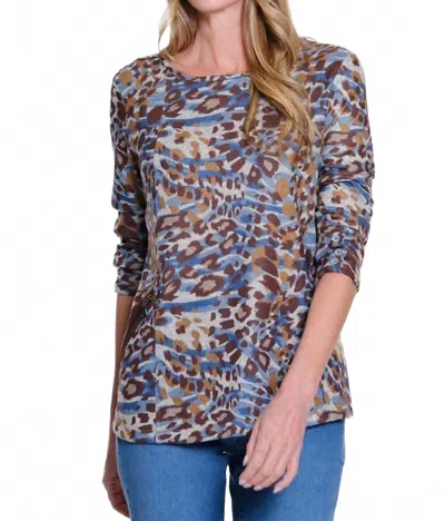 Multiples 3/4 Sleeve Zip Pocket Top - Plus In Brown/blue In Multi