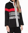 MULTIPLES 3/4 SLEEVE ZIP THRU COLLAR SOLID TWILL KNIT & PRINT JERSEY KNIT JACKET IN MULTICOLOR