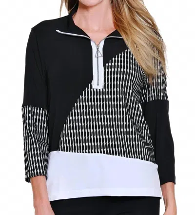 Multiples 3/4 Sleeve Zip Thru Collar Top In Multi