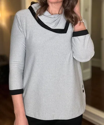 Multiples 3/4 Slv Drop Shoulder Cowl Collar Top In Black Striped In Multi