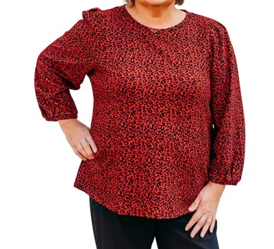 Multiples 3/4 Truck Sleeve Scoop Neck Cheetah Jacq Knit Top In Vivid Red In Multi