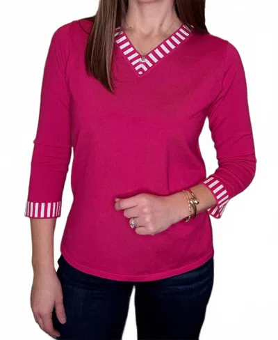 Multiples 3/4 V Neck Banded Sweater Top In Bright Pink In Purple