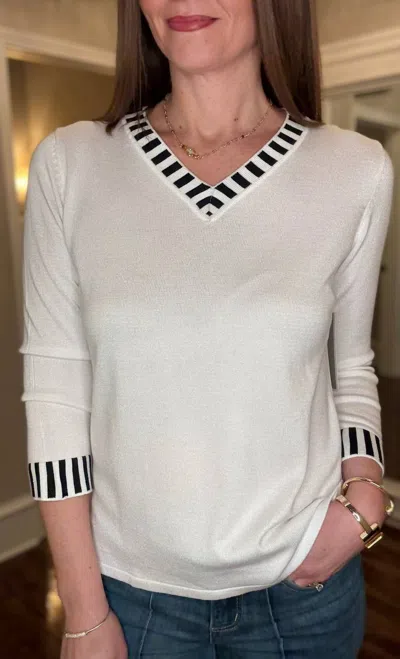 Multiples 3/4 V Neck Banded Sweater Top In White
