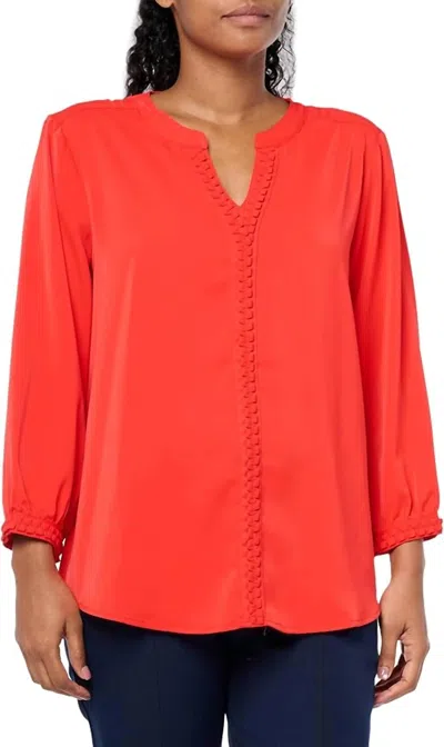 Multiples Band Collar Zig Zag Trim Blouse In Scarlet