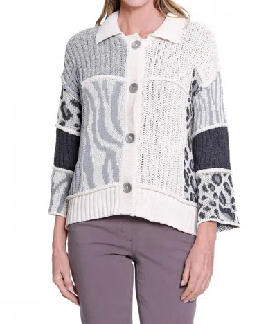 Multiples Button Patch Sweater Cardigan In Grey In Gray