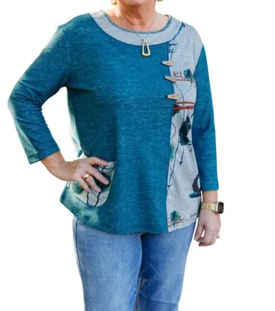 Multiples Button Pocket Print & Solid Brushed Knit Top In Riteal In Multi