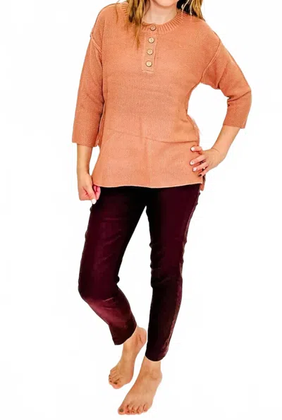 Multiples Button Up Henley Sweater In Salmon Pink In Orange