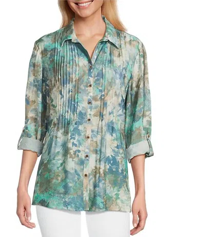 Multiples Cinched Cuff 3/4 Sleeve Button Up Top In Seafoam/ocean Blue